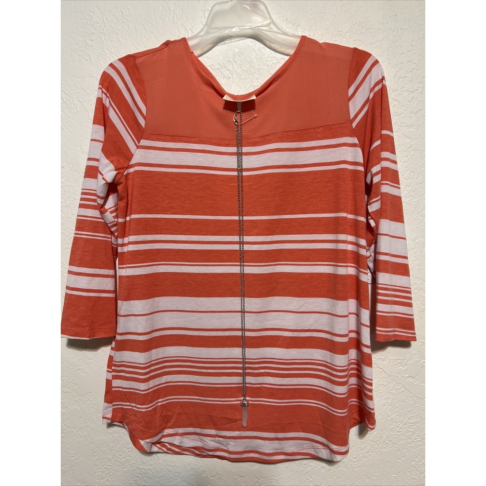Bobbie Brooks Coral White Striped Mesh Yoke Top with Necklace NWT Small